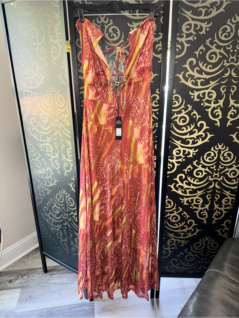 Fashion Nova Red & Yellow Print V-Neck Jumpsuit